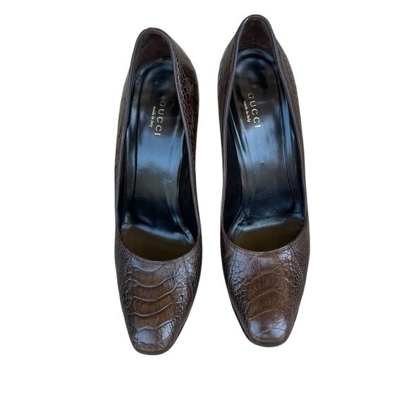 Gucci Leather Crocodile Embossed Thick Heel Pumps Cocoa Timeless Classic 8.5 - Picture 7 of 14